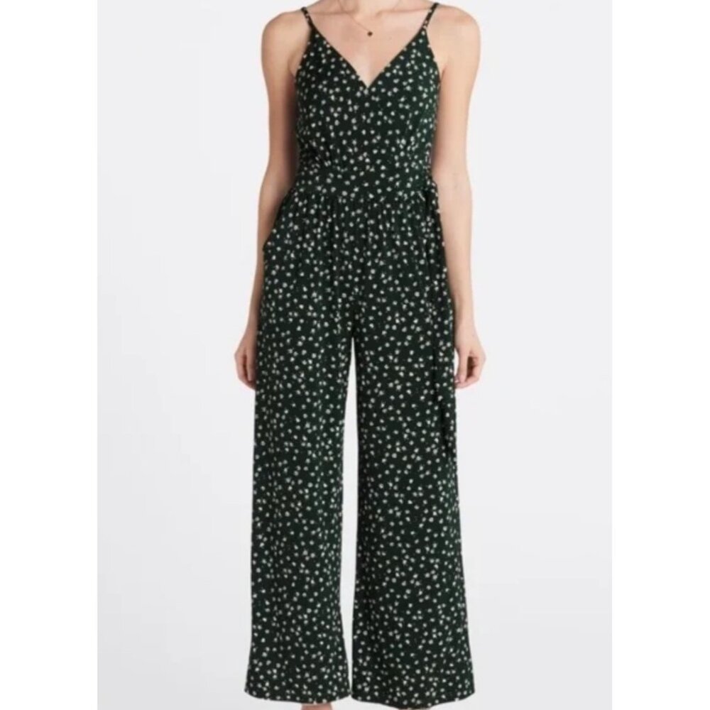 Kaleigh Women Jumpsuit XSP Green Floral Wrap Adjustable Straps & Tie Waist *NWOT